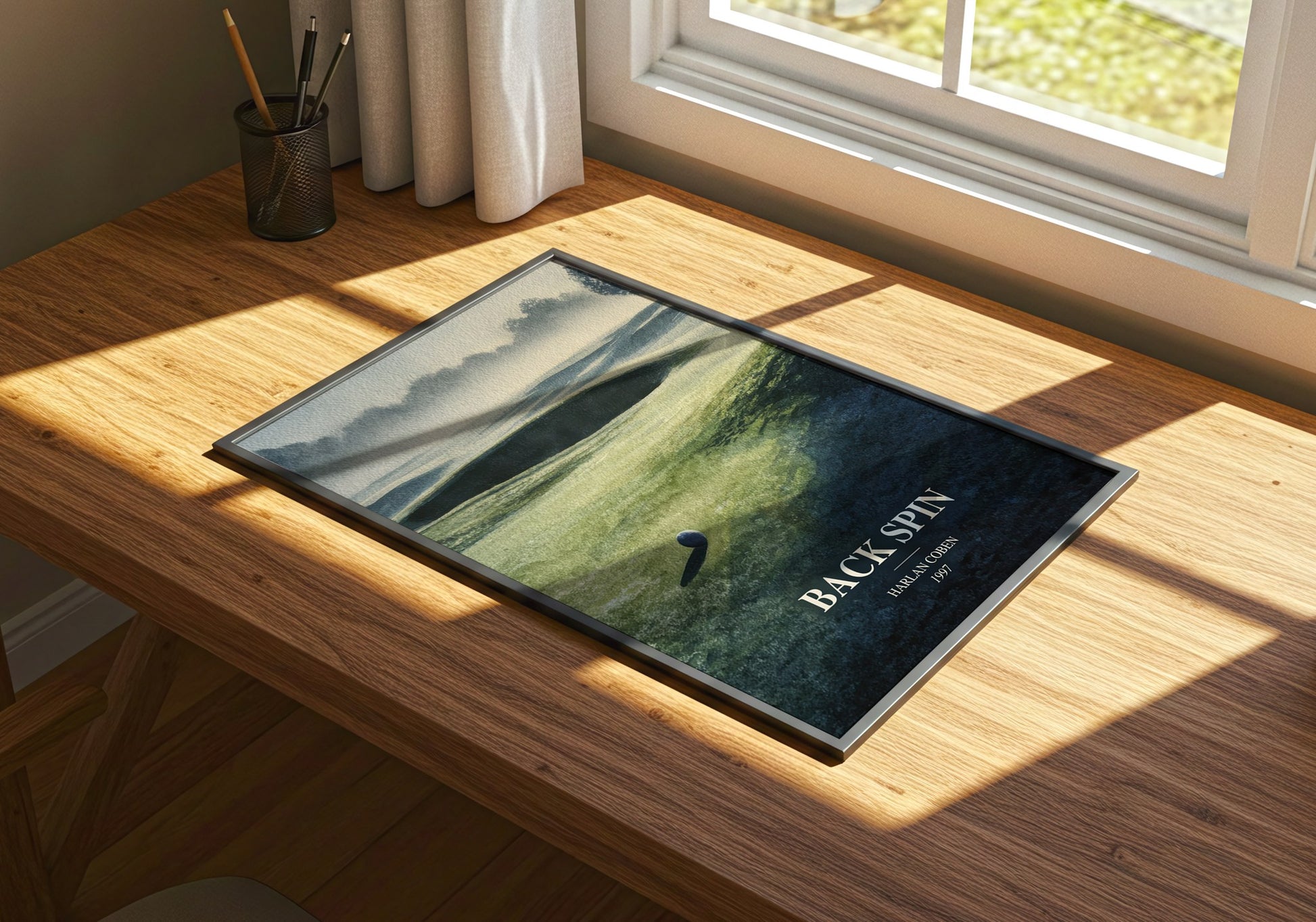 Back Spin watercolour book poster framed on wall – thriller wall art