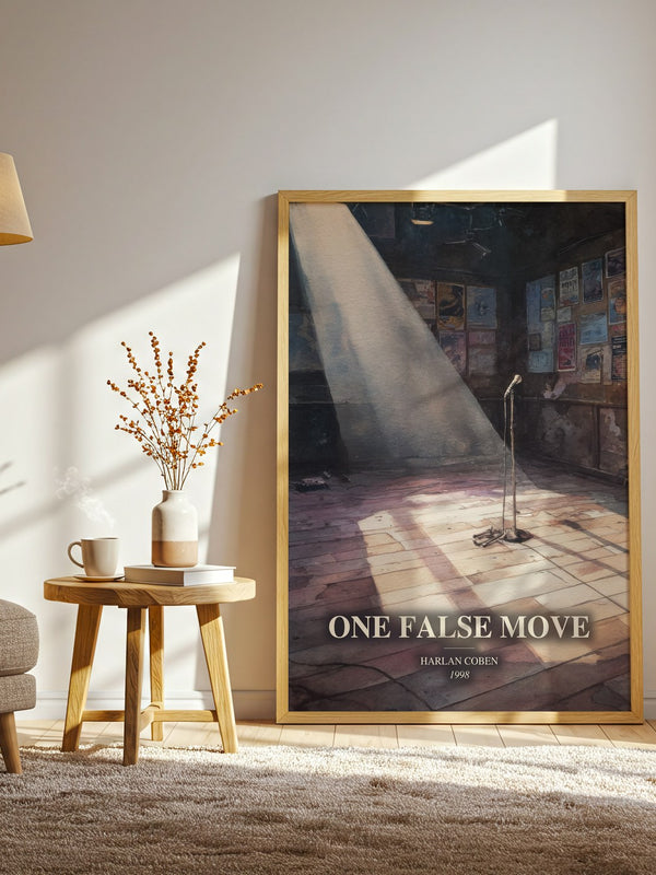 One False Move watercolour print in frame leaning in hallway – thriller wall art
