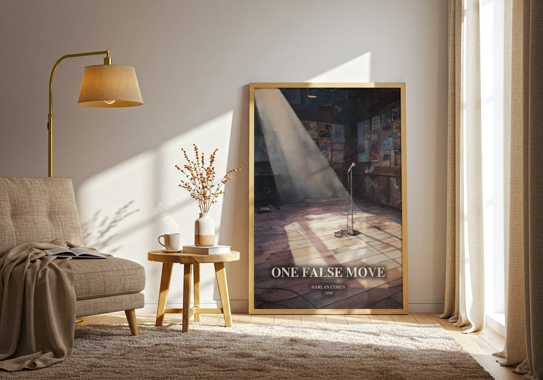 One False Move watercolour print in frame leaning in hallway – thriller wall art (mockup)