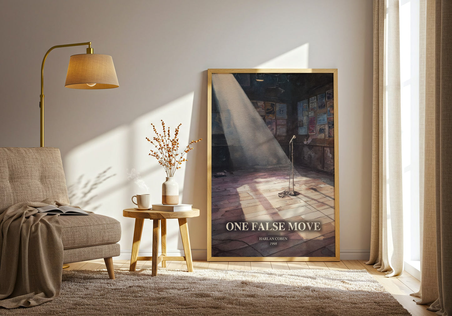 One False Move watercolour print in frame leaning in hallway – thriller wall art