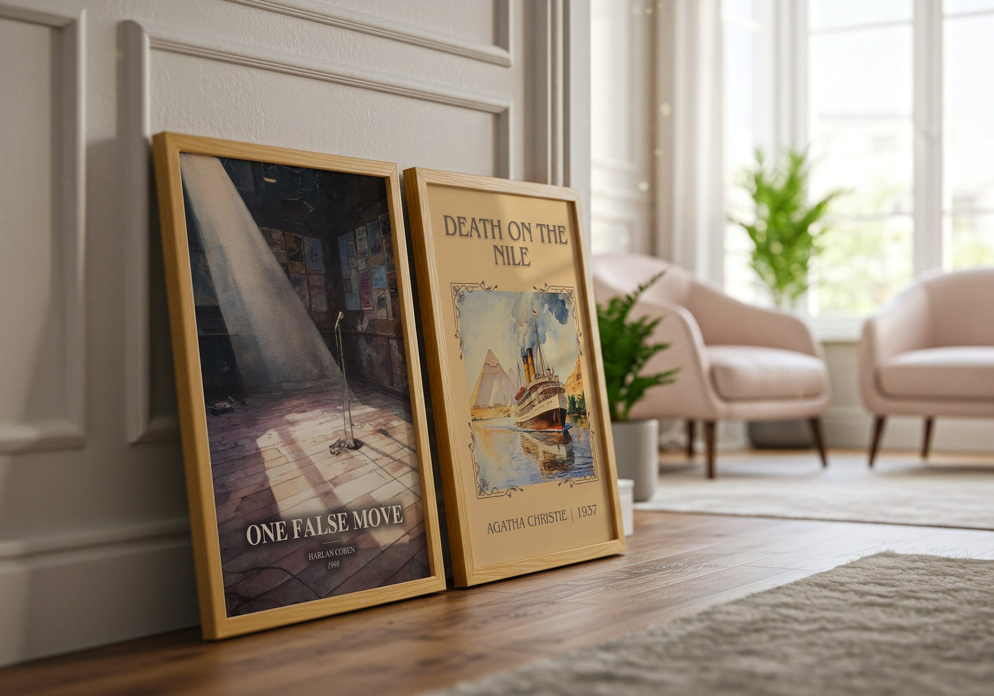 One False Move watercolour print framed by window – literary home decor