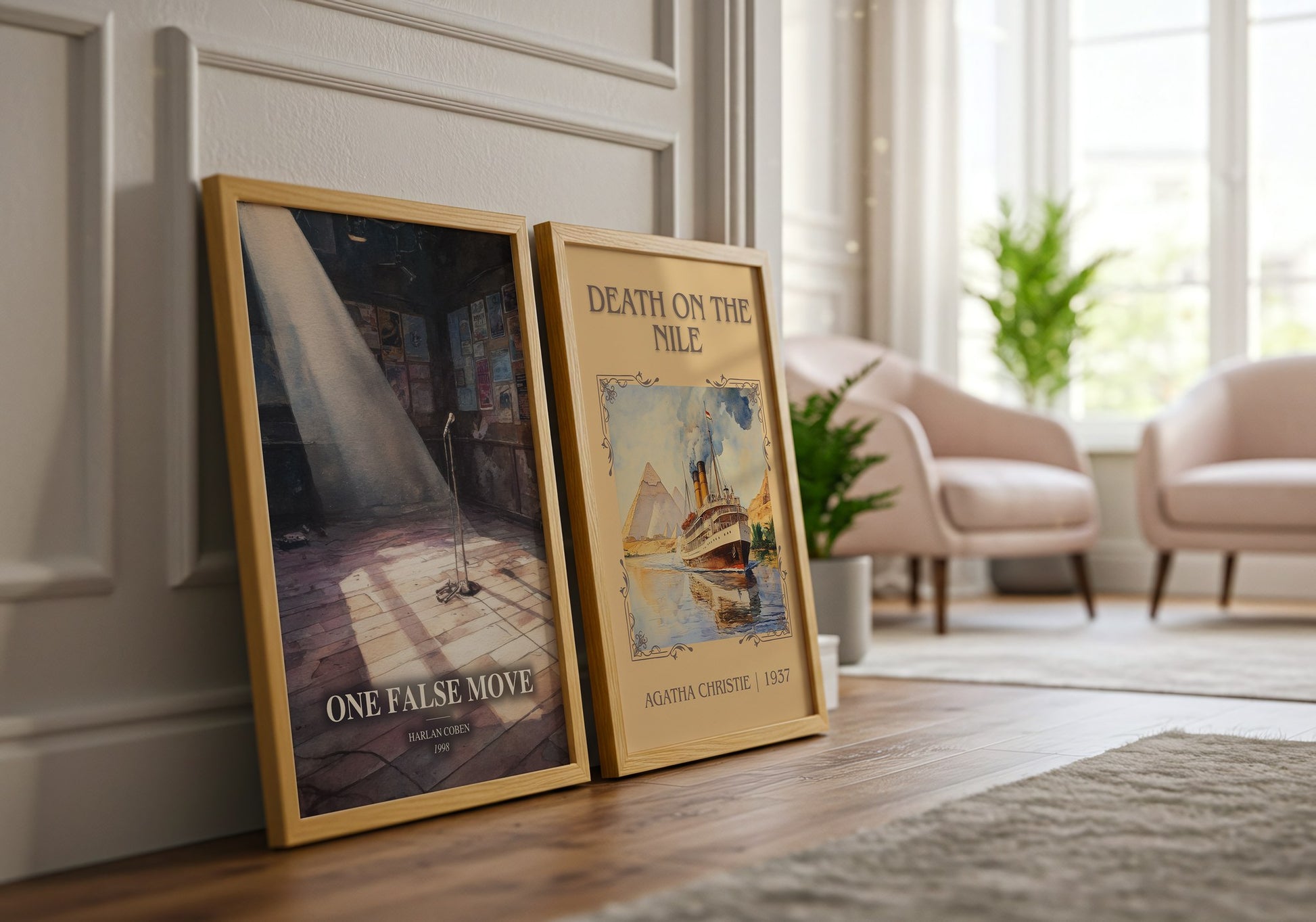 One False Move watercolour print framed by window – literary home decor