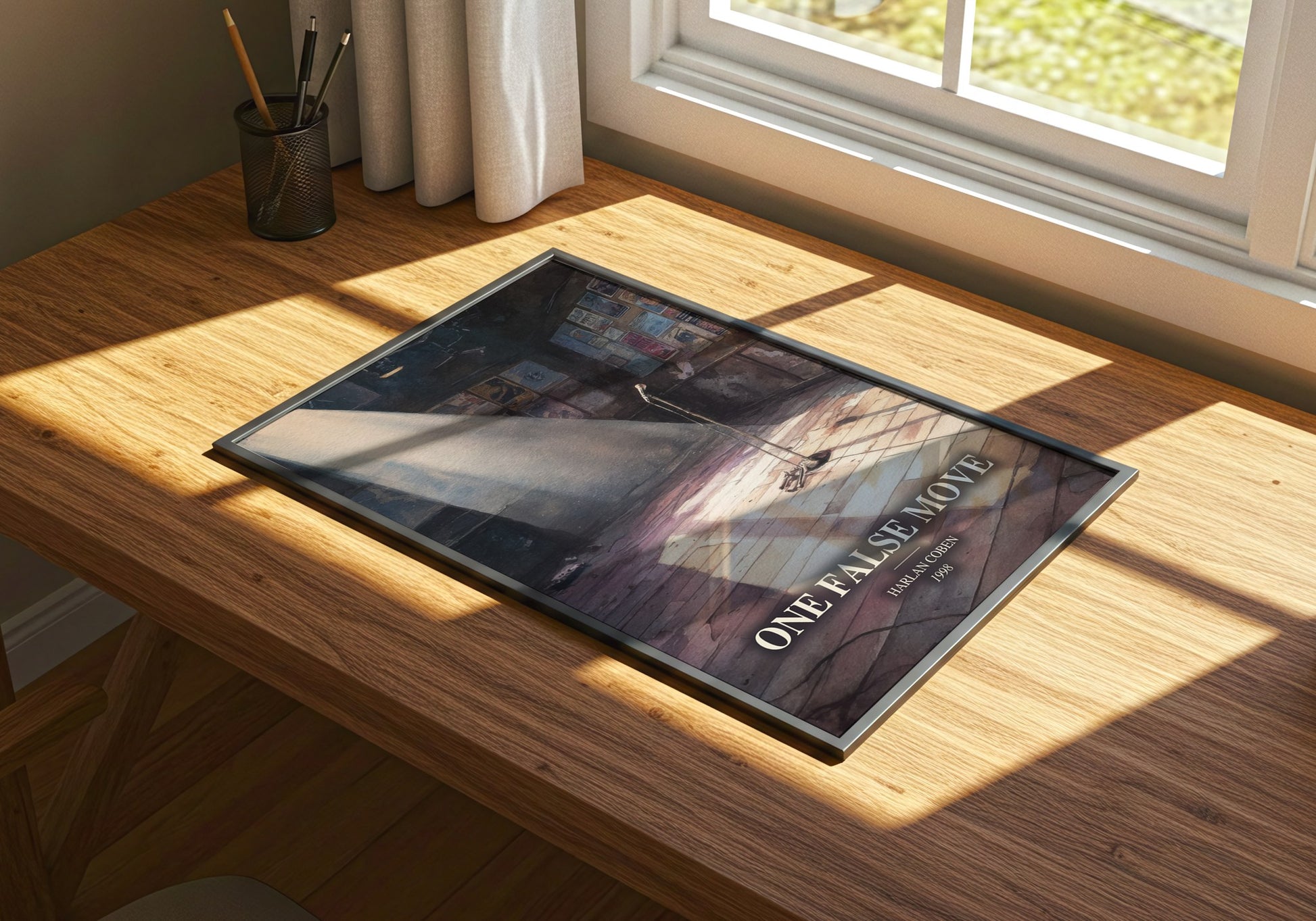 One False Move watercolour book poster framed on wall – thriller wall art