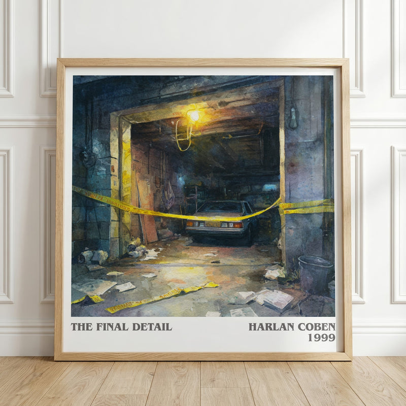 The Final Detail literary print in frame leaning in hallway – crime wall art