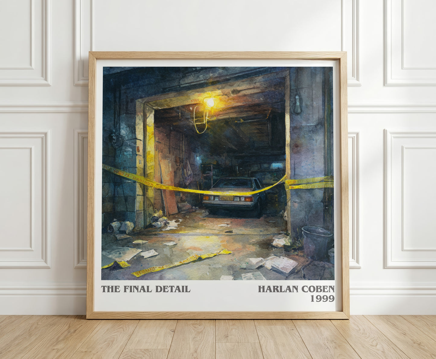 The Final Detail literary print in frame leaning in hallway – crime wall art