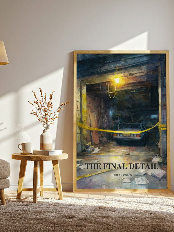 The Final Detail watercolour print in frame leaning in hallway – thriller wall art