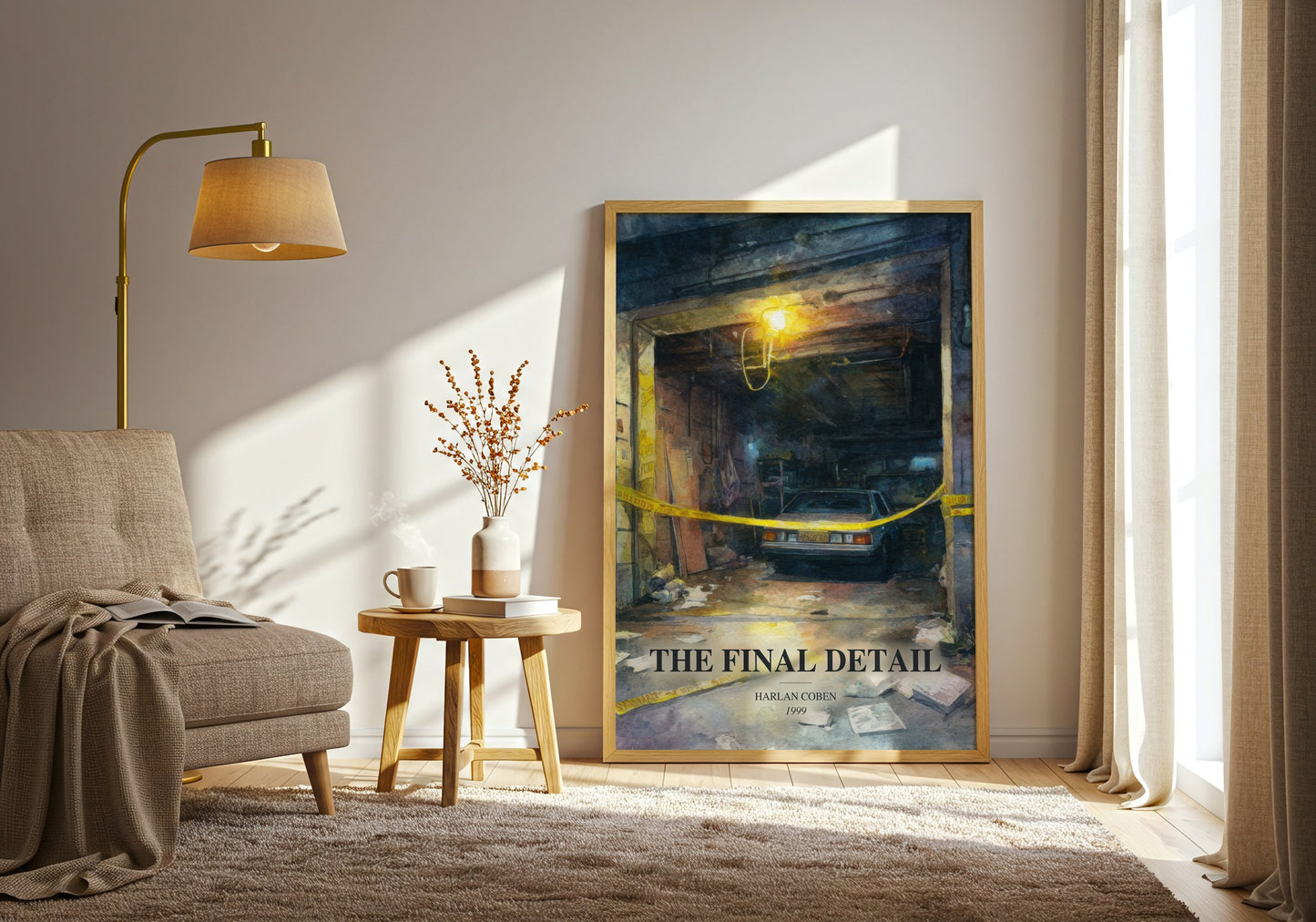 The Final Detail watercolour print in frame leaning in hallway – thriller wall art