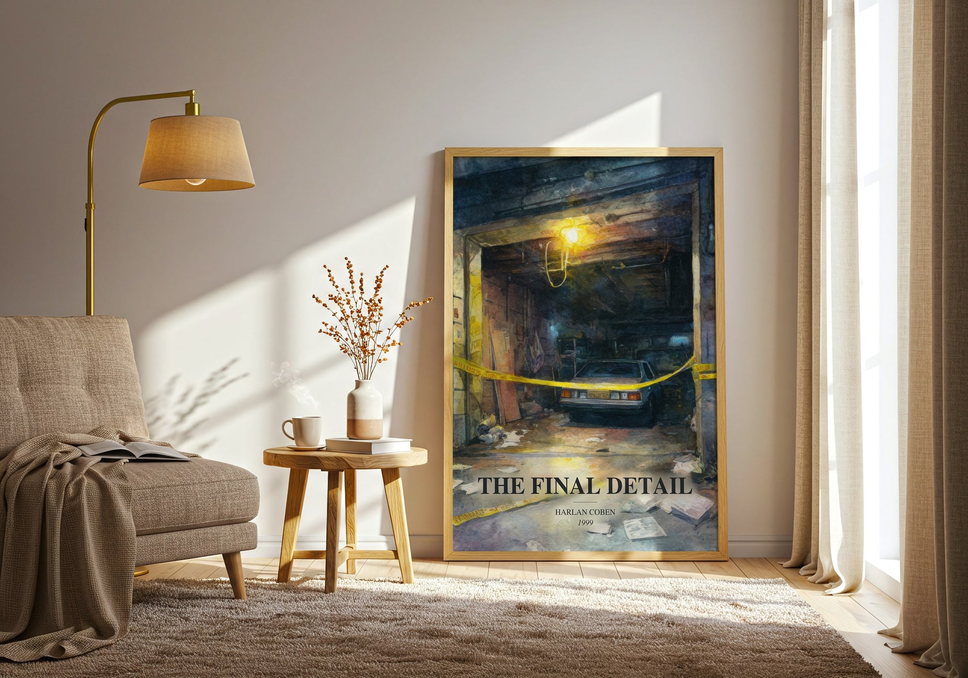 The Final Detail watercolour print in frame leaning in hallway – thriller wall art
