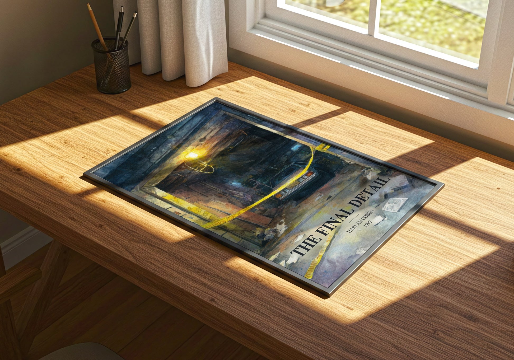 The Final Detail watercolour book poster framed on wall – thriller wall art