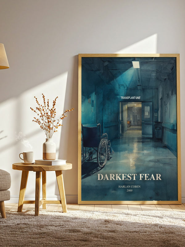 Darkest Fear watercolour print in frame leaning in hallway – thriller wall art