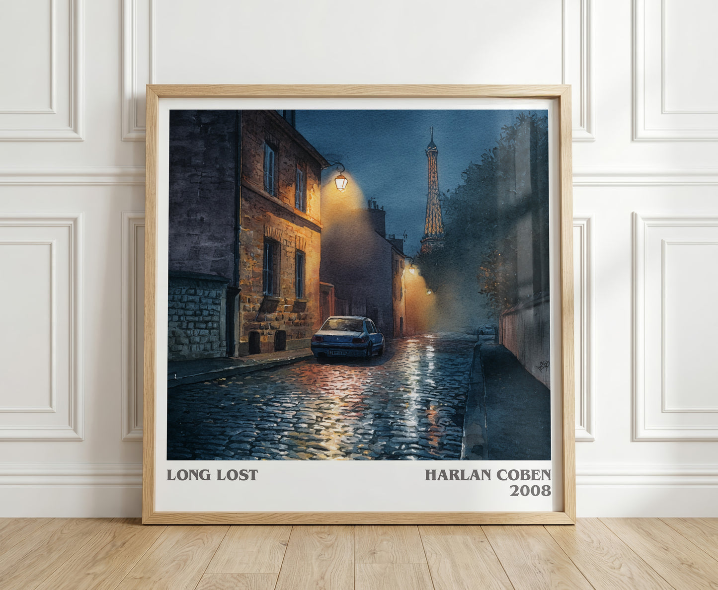 Long Lost literary print in frame leaning in hallway – thriller wall art