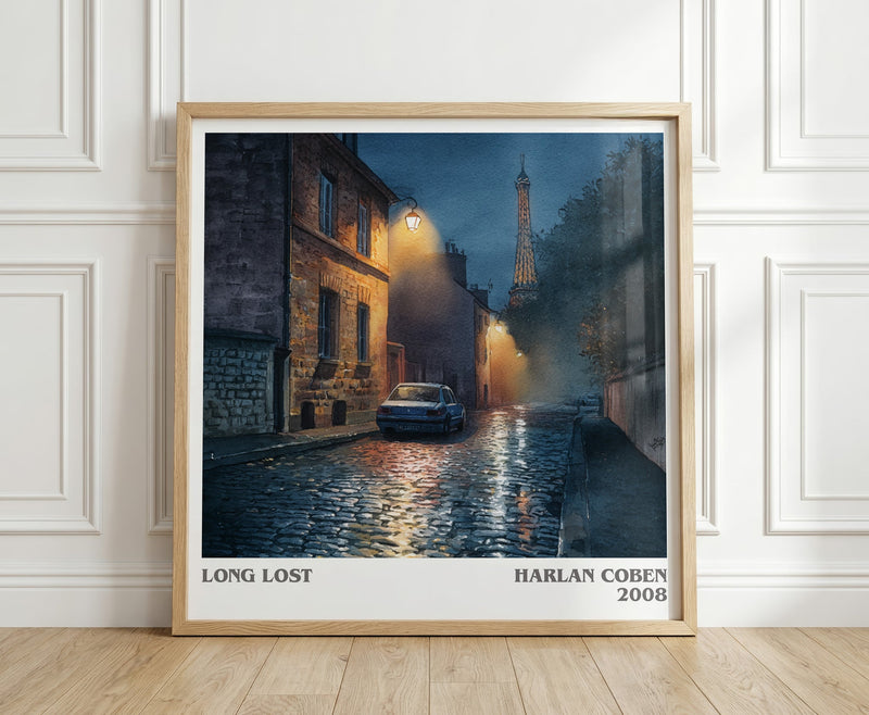 Long Lost literary print in frame leaning in hallway – thriller wall art