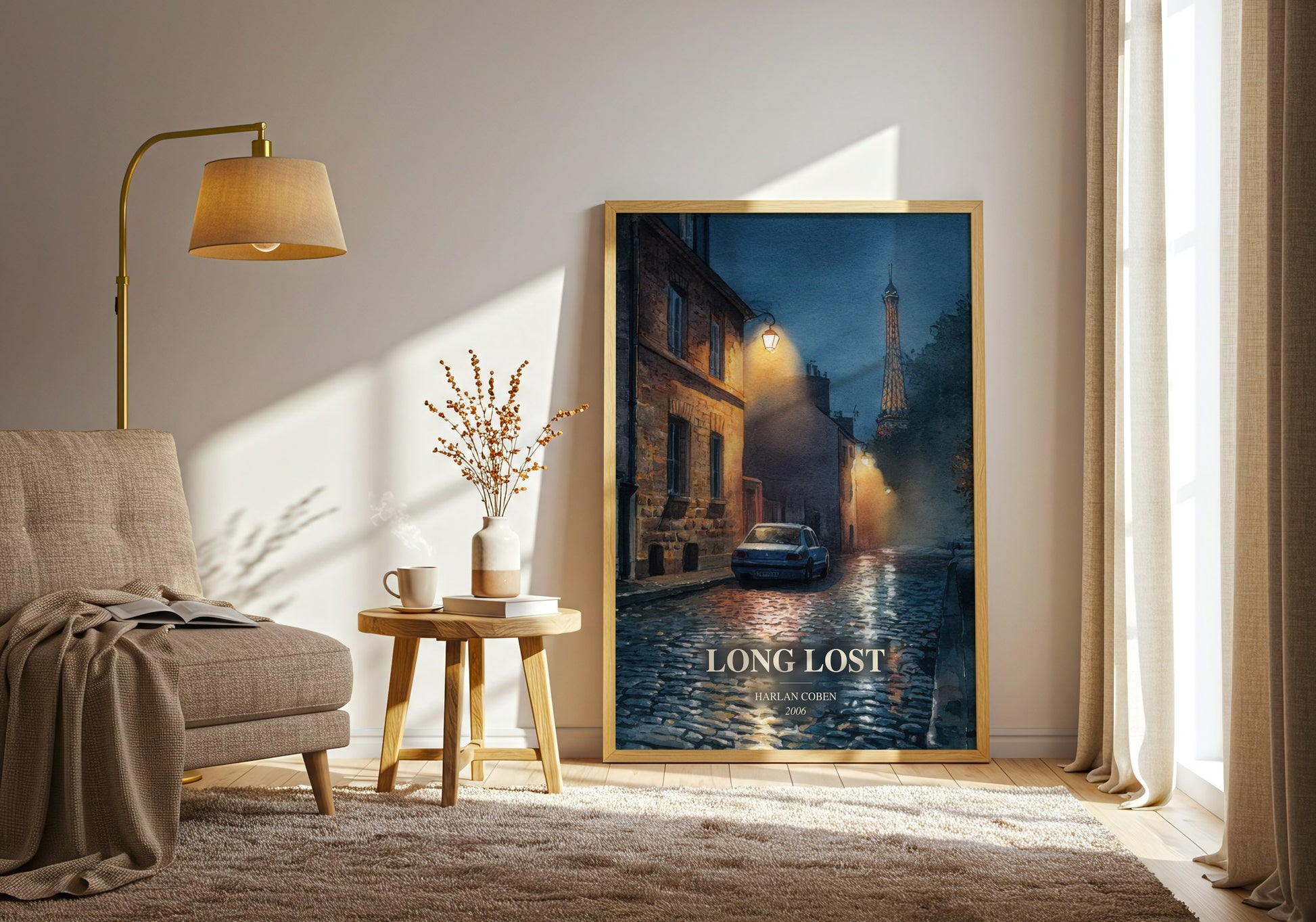 Long Lost watercolour print in frame leaning in hallway – thriller wall art