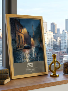 Long Lost Book Cover Poster by Harlan Coben – framed print on a city-view windowsill