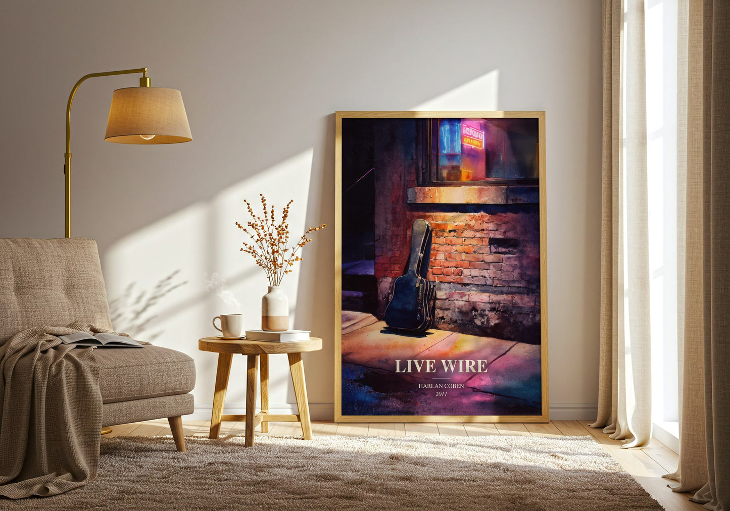 Live Wire watercolour print in frame leaning in hallway – thriller wall art