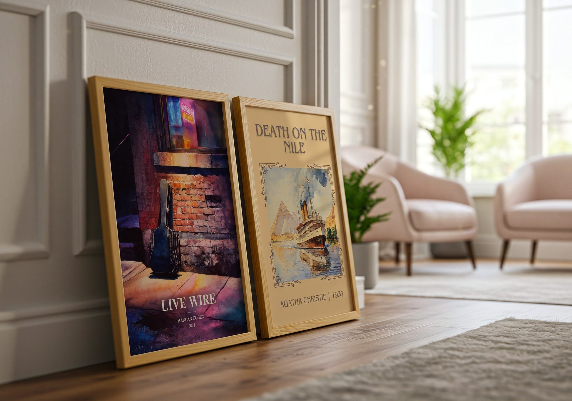 Live Wire watercolour print framed by window – literary home decor