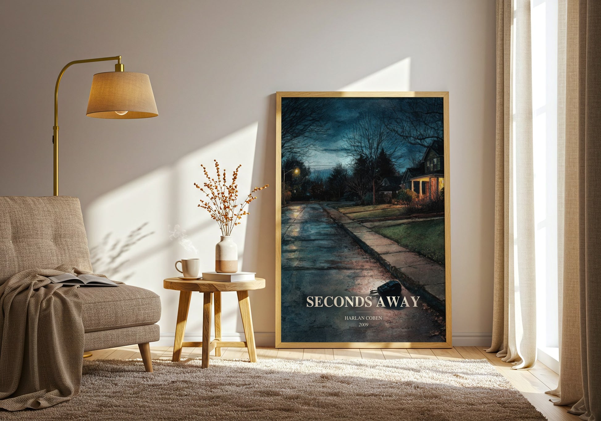 Seconds Away watercolour print in frame leaning in hallway – young adult wall art