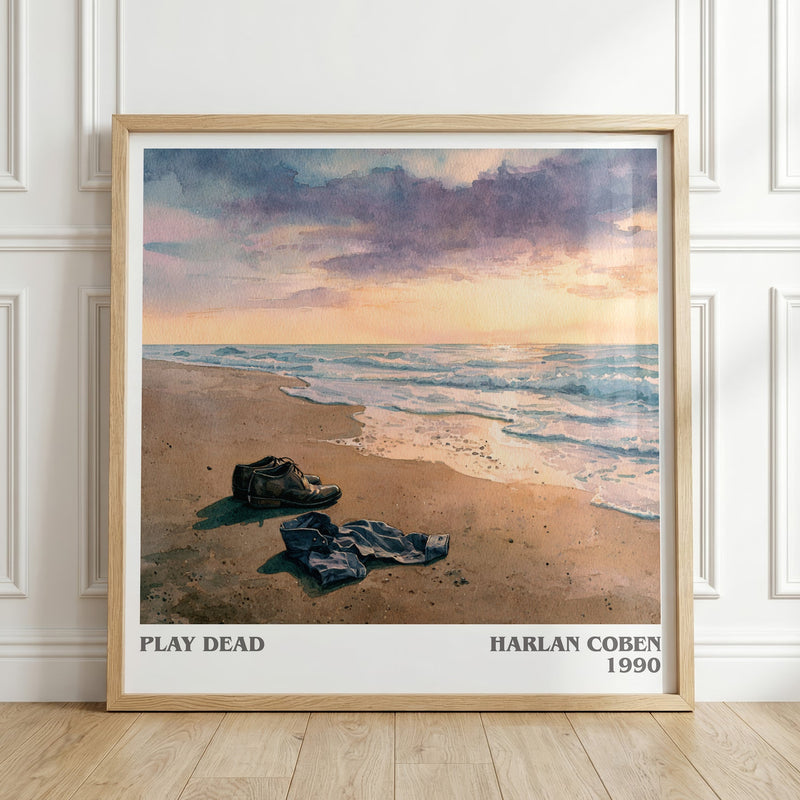 Play Dead literary print in frame leaning in hallway – thriller wall art
