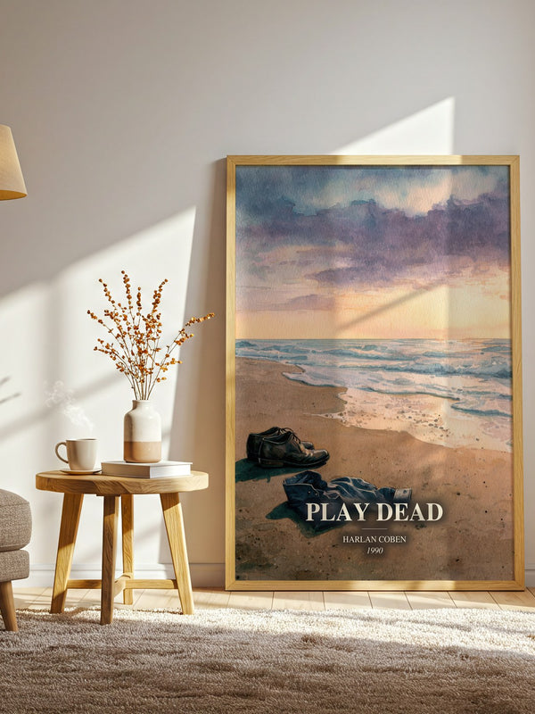 Play Dead watercolour print in frame leaning in hallway – thriller wall art