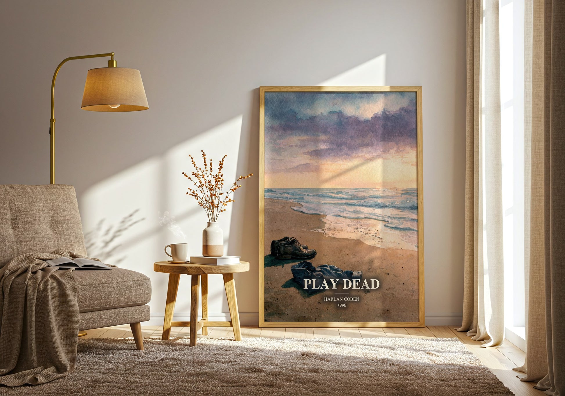 Play Dead watercolour print in frame leaning in hallway – thriller wall art