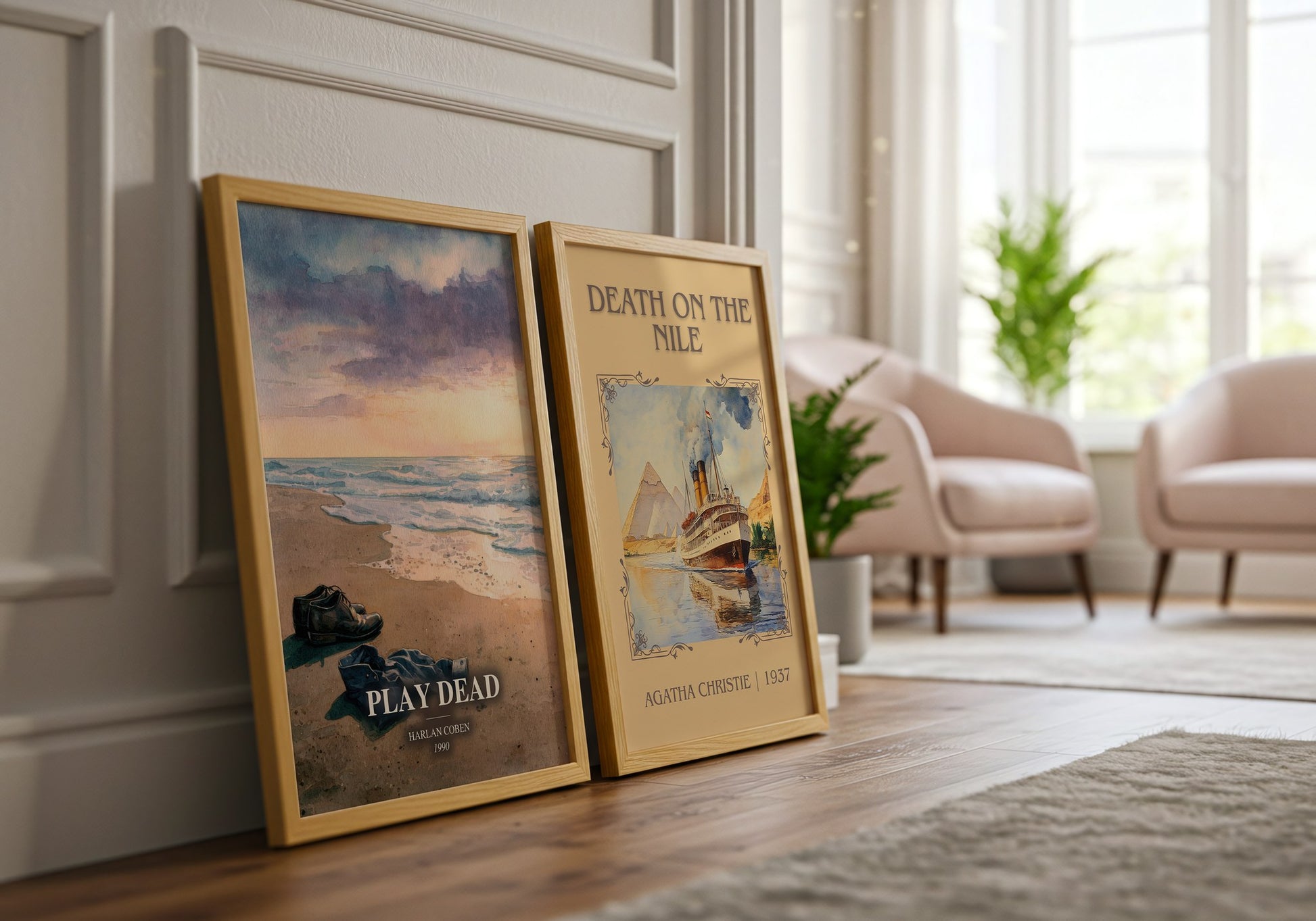 Play Dead watercolour print framed by window – literary home decor