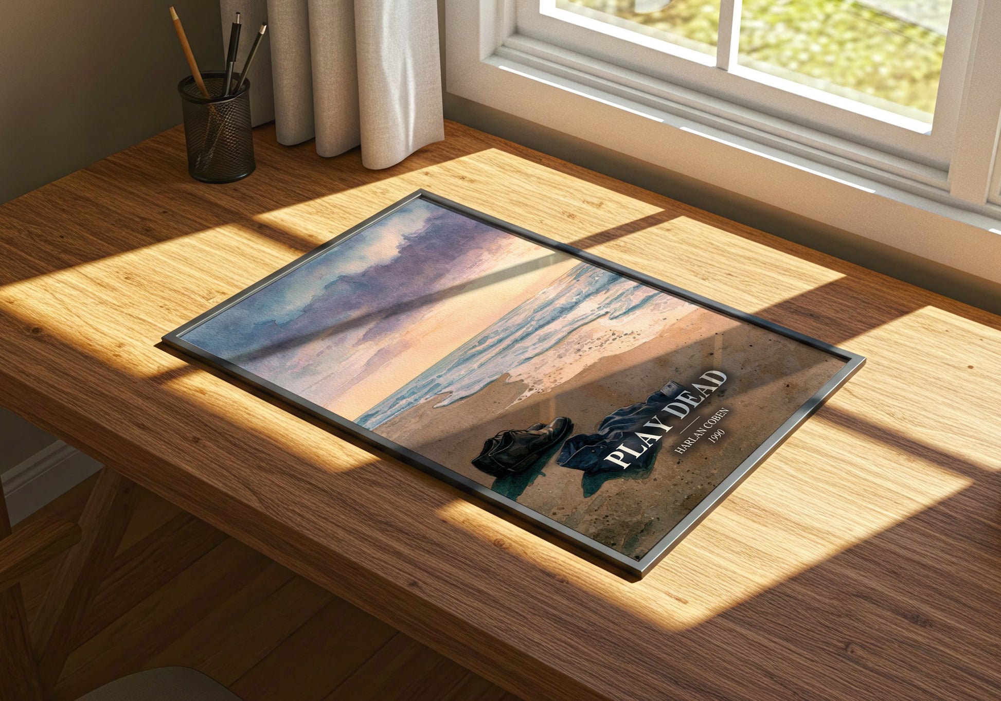 Play Dead watercolour book poster framed on wall – thriller wall art