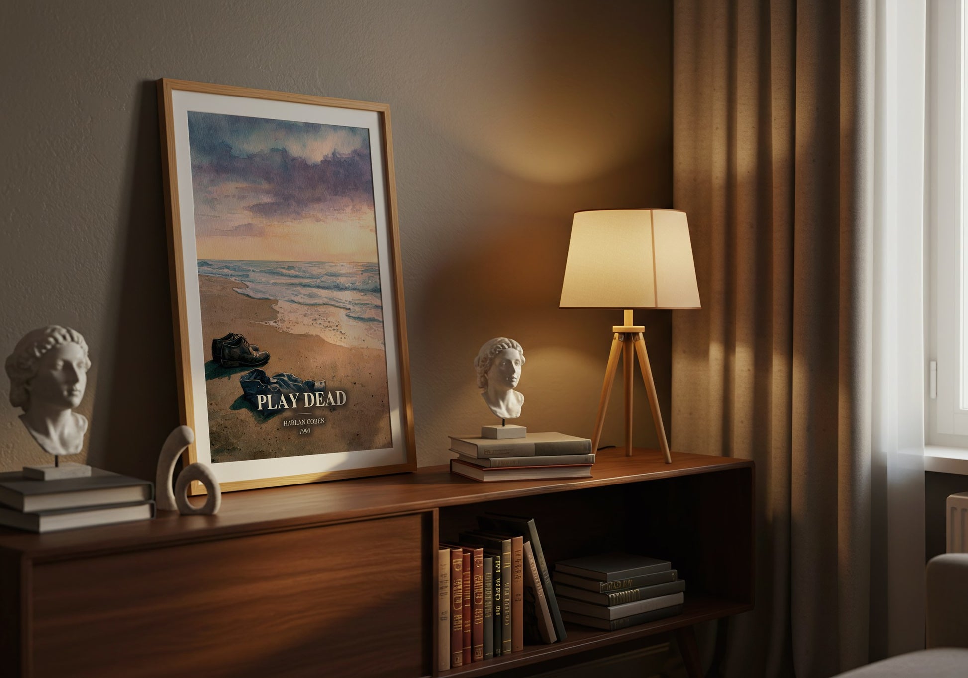 Play Dead watercolour print on bookshelf – Harlan Coben fan gift