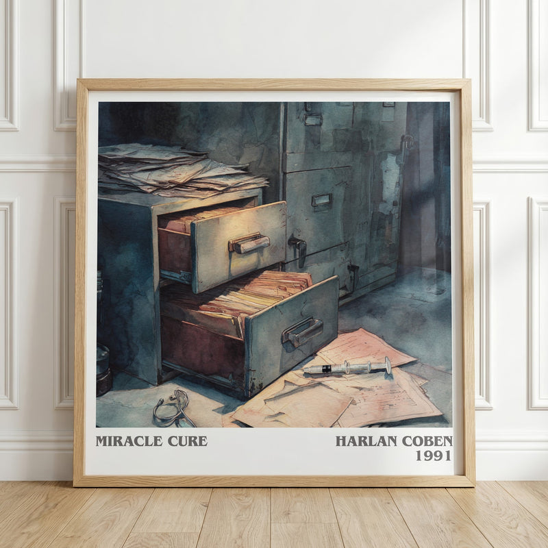 Miracle Cure literary print in frame leaning in hallway – thriller wall art
