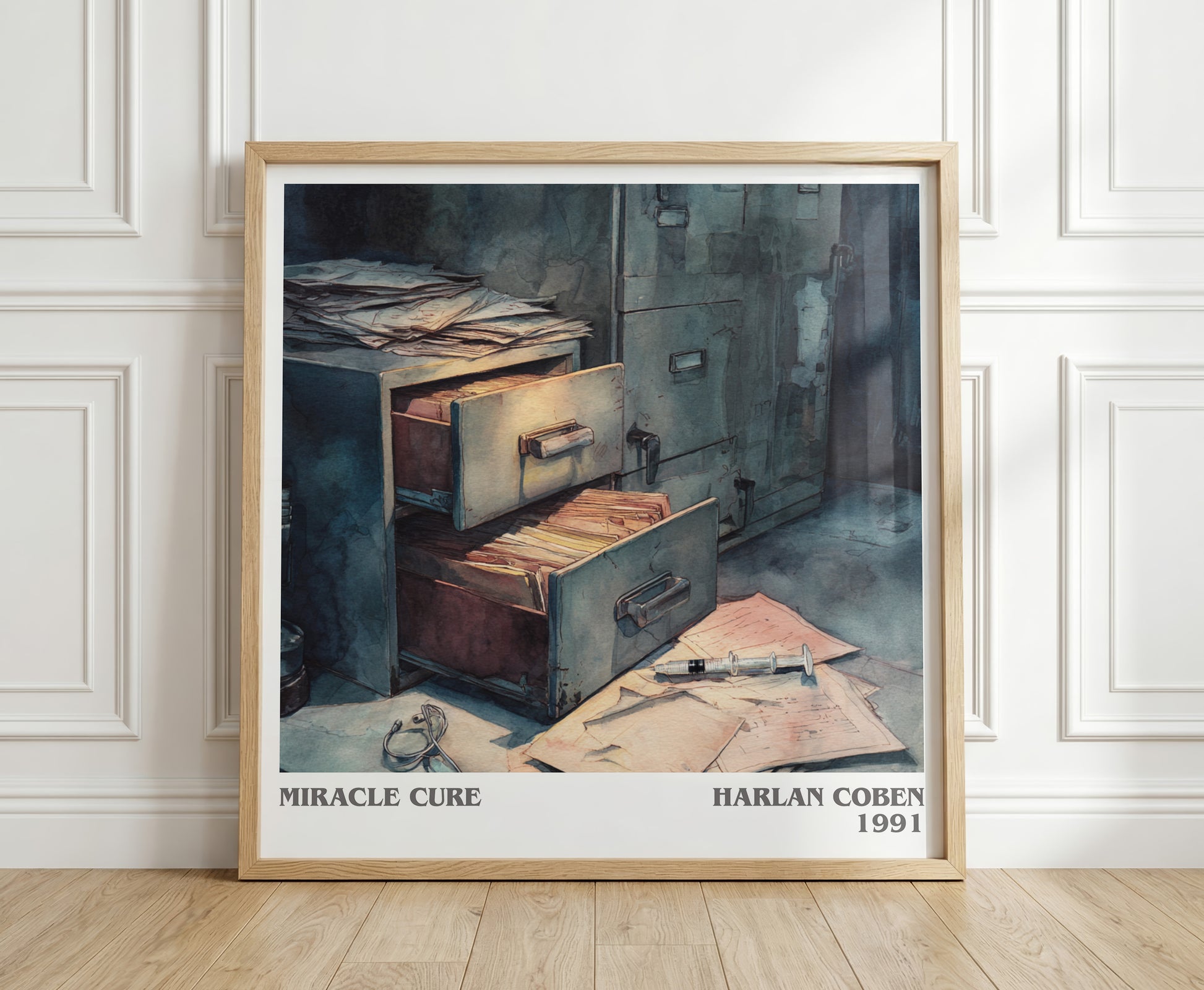 Miracle Cure literary print in frame leaning in hallway – thriller wall art
