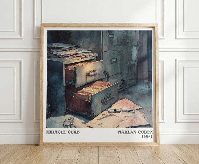 Miracle Cure literary print in frame leaning in hallway – thriller wall art