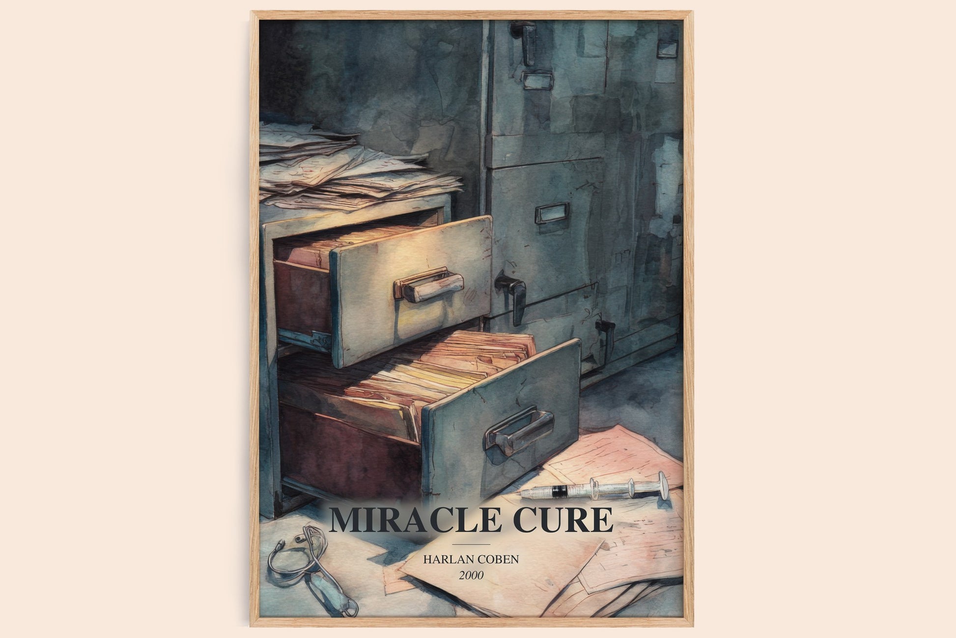 Miracle Cure watercolour book poster by Harlan Coben – framed literary art print