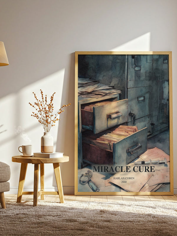Miracle Cure watercolour print in frame leaning in hallway – thriller wall art