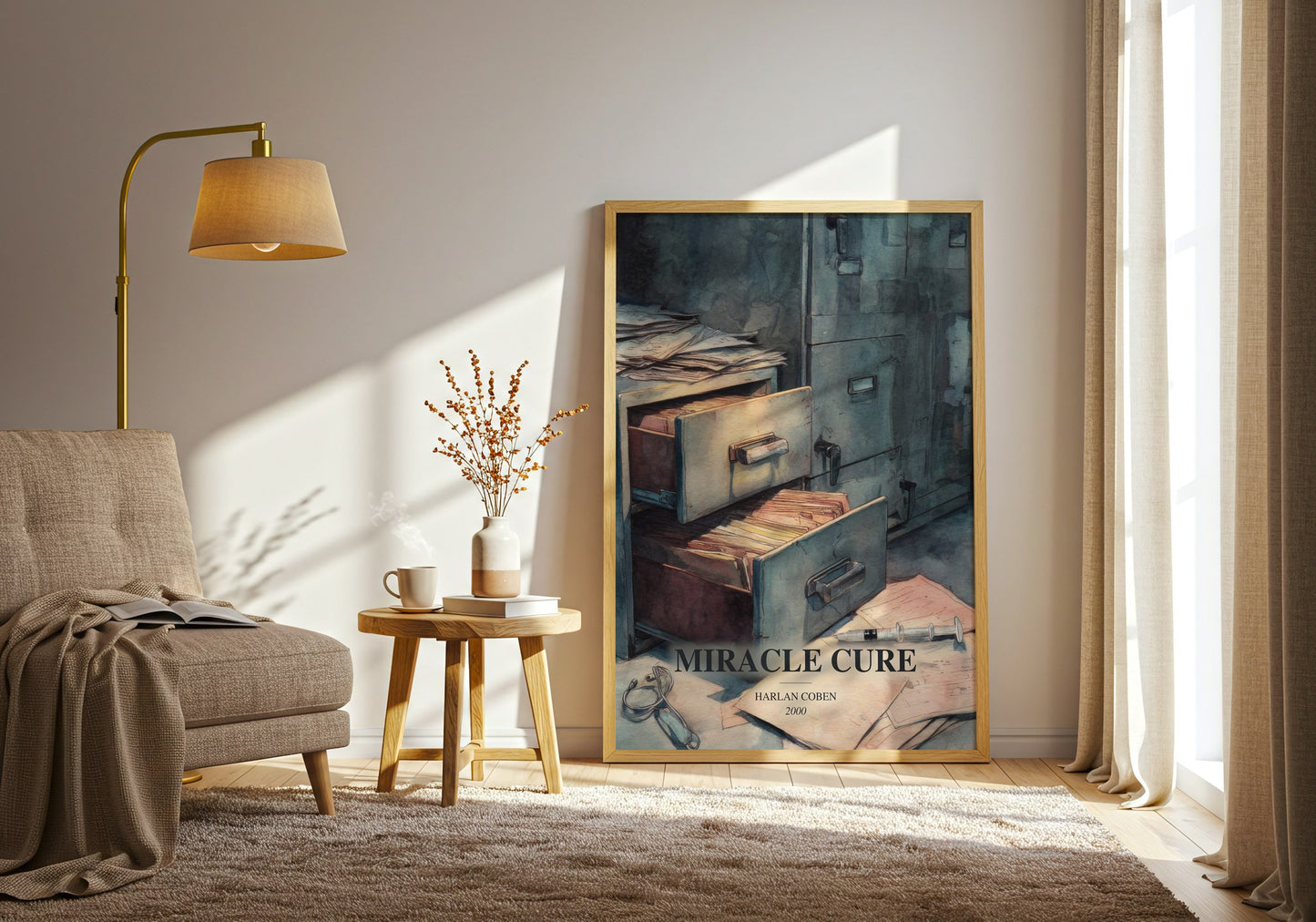 Miracle Cure watercolour print in frame leaning in hallway – thriller wall art
