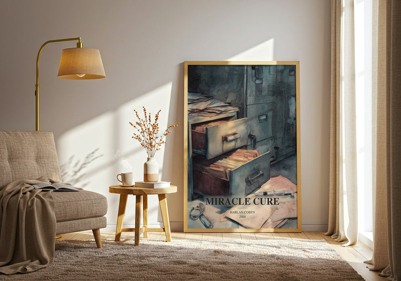 Miracle Cure watercolour print in frame leaning in hallway – thriller wall art