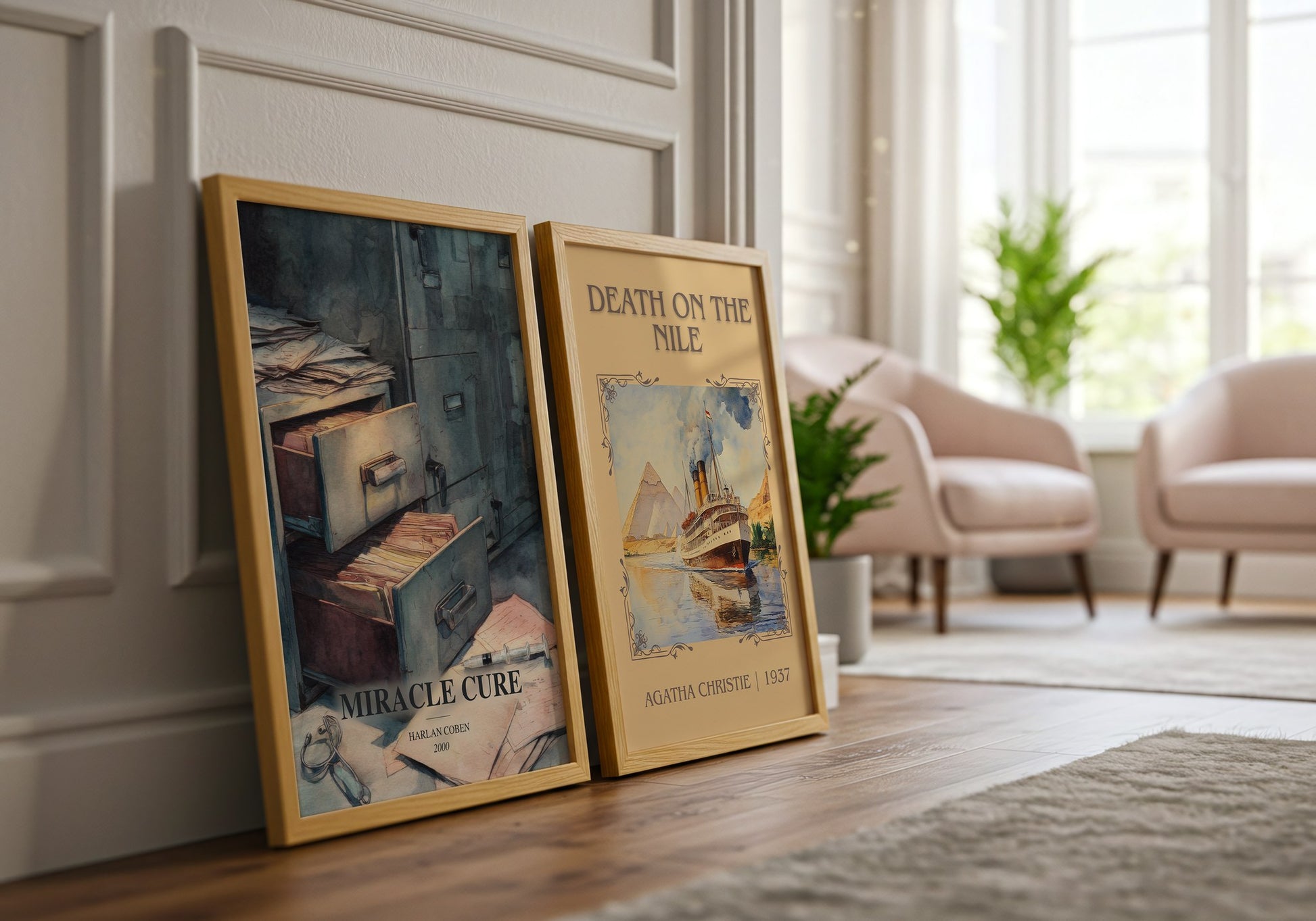 Miracle Cure watercolour print framed by window – literary home decor