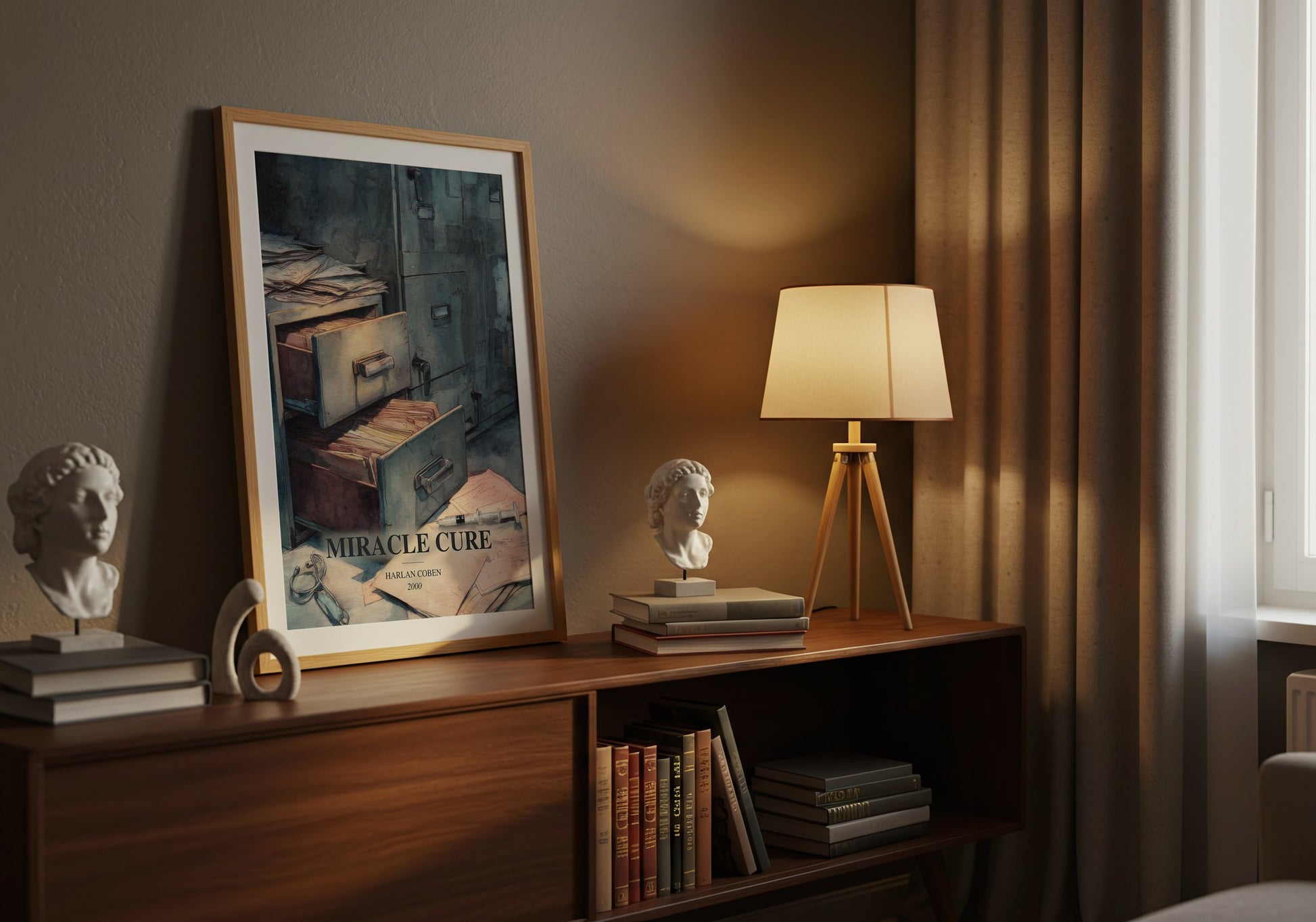 Miracle Cure watercolour print on bookshelf – Harlan Coben fan gift