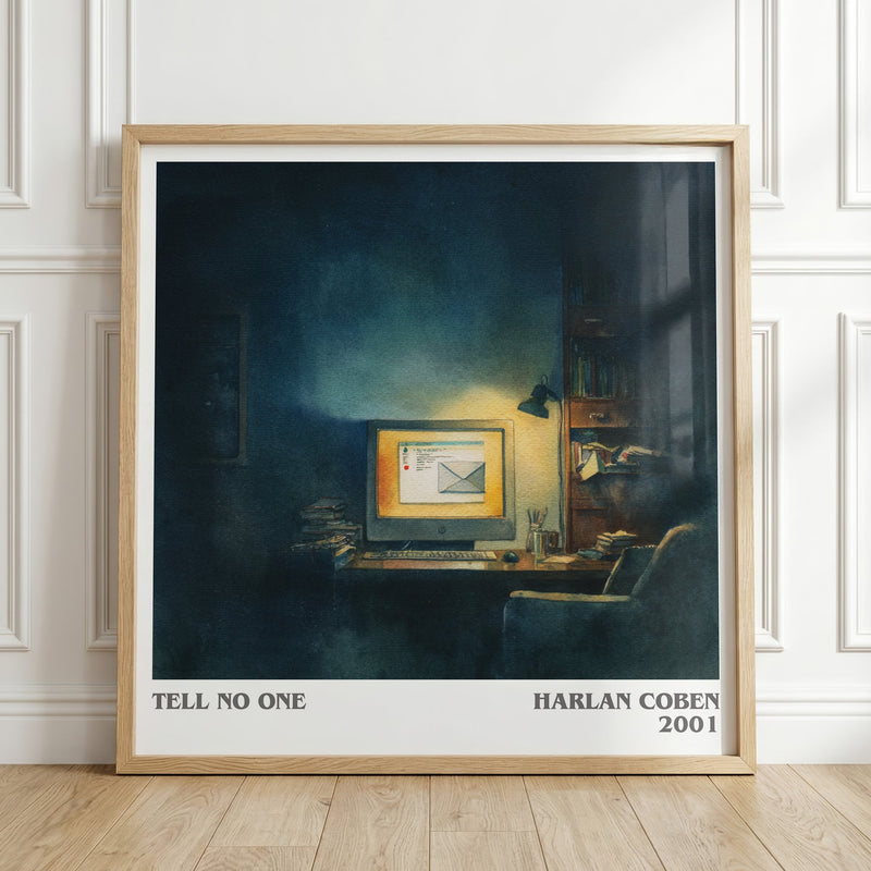Tell No One literary print in frame leaning in hallway – thriller wall art