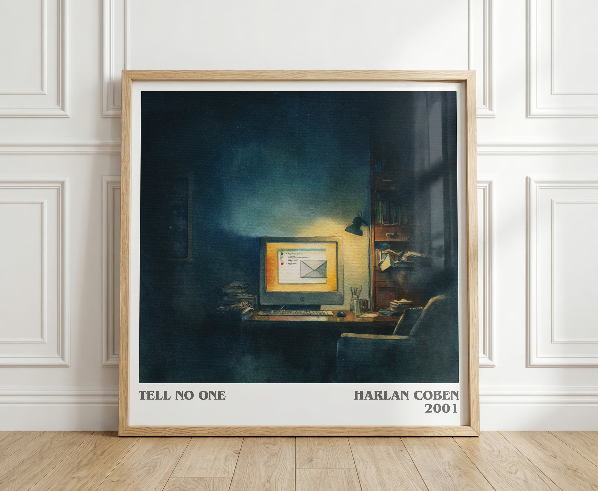 Tell No One literary print in frame leaning in hallway – thriller wall art