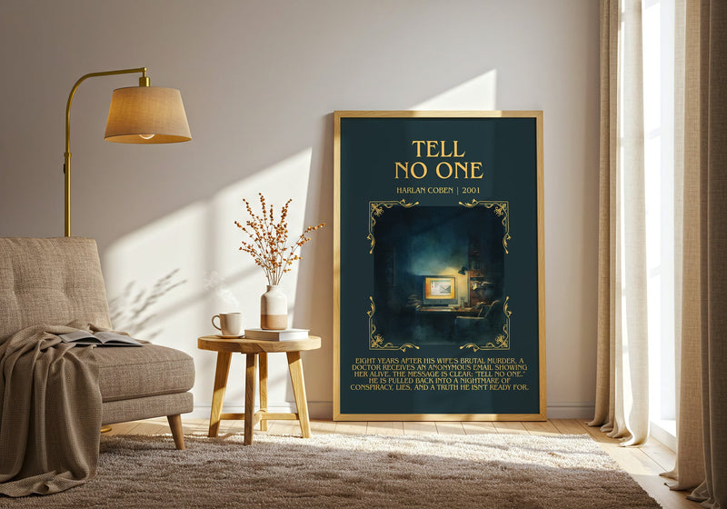Tell No One minimalist print in frame leaning in hallway – thriller wall art