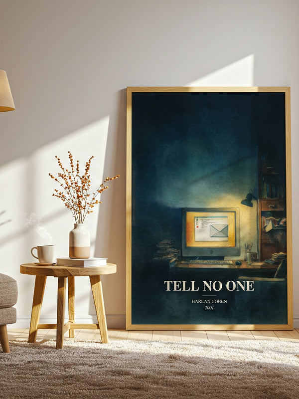 Tell No One watercolour print in frame leaning in hallway – thriller wall art