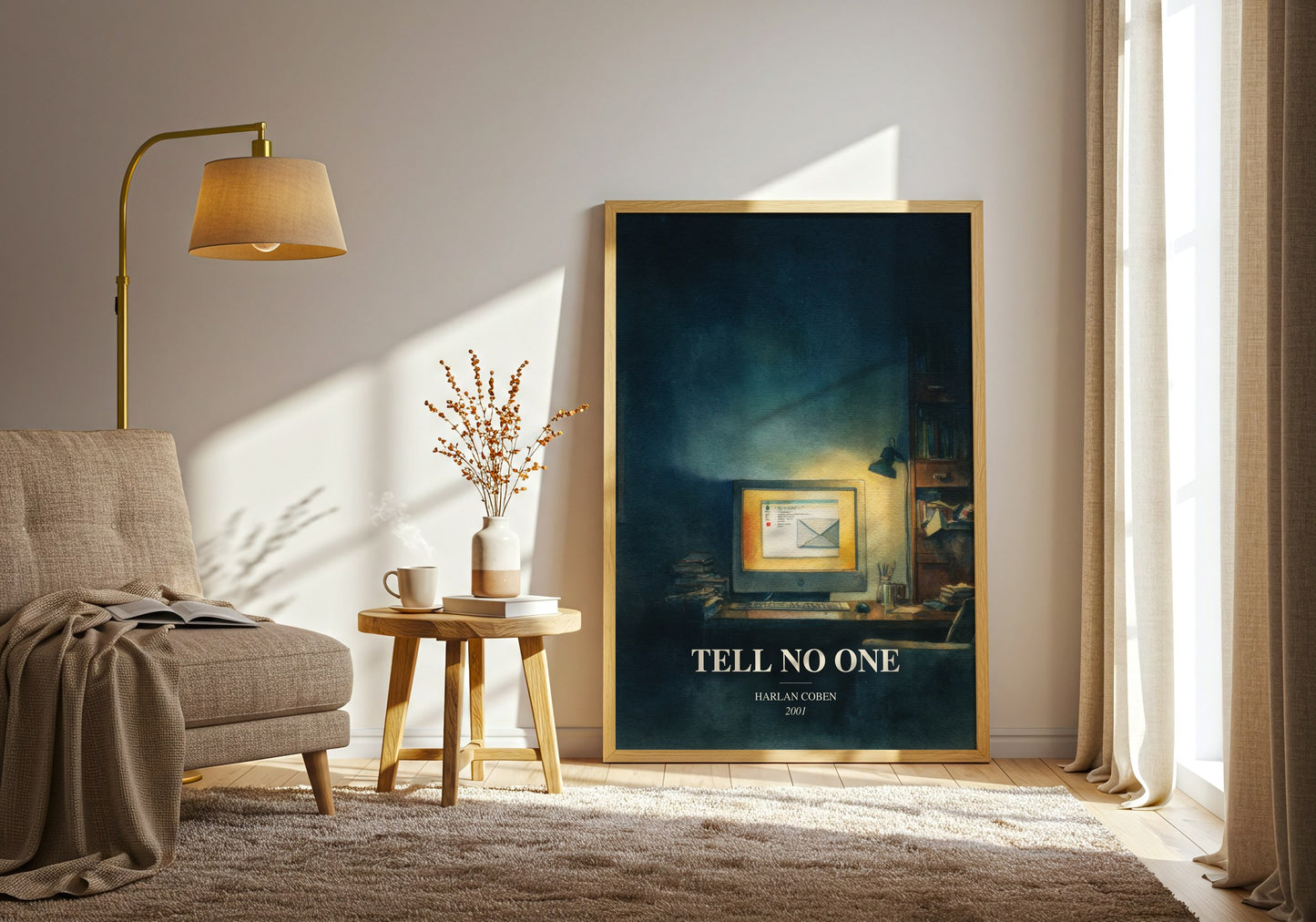 Tell No One watercolour print in frame leaning in hallway – thriller wall art