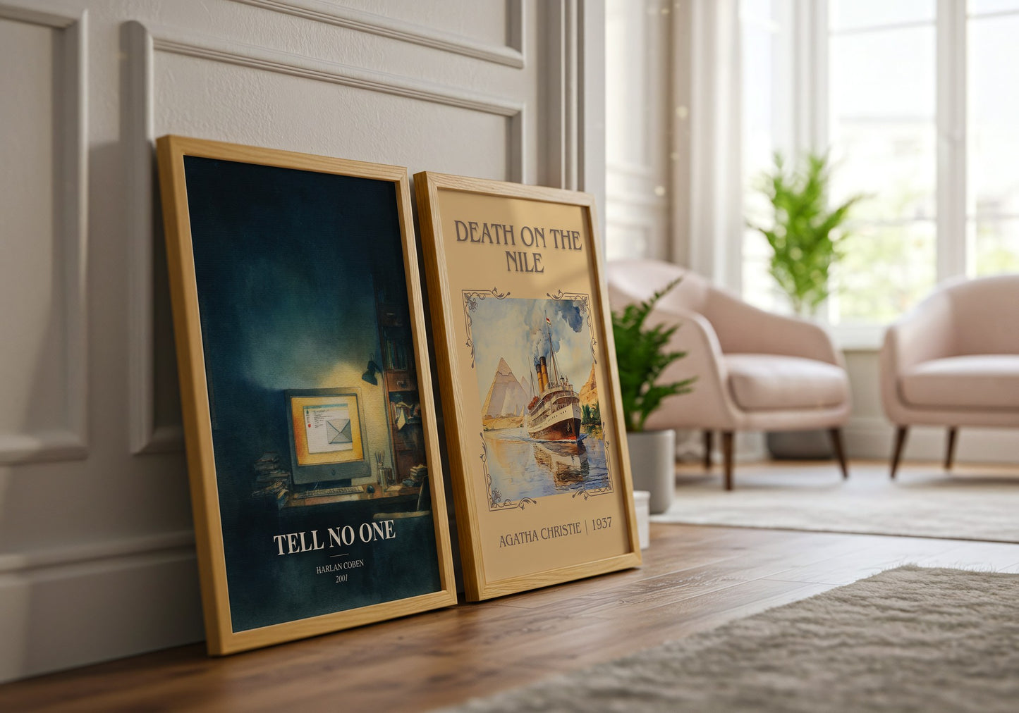 Tell No One watercolour print framed by window – literary home decor