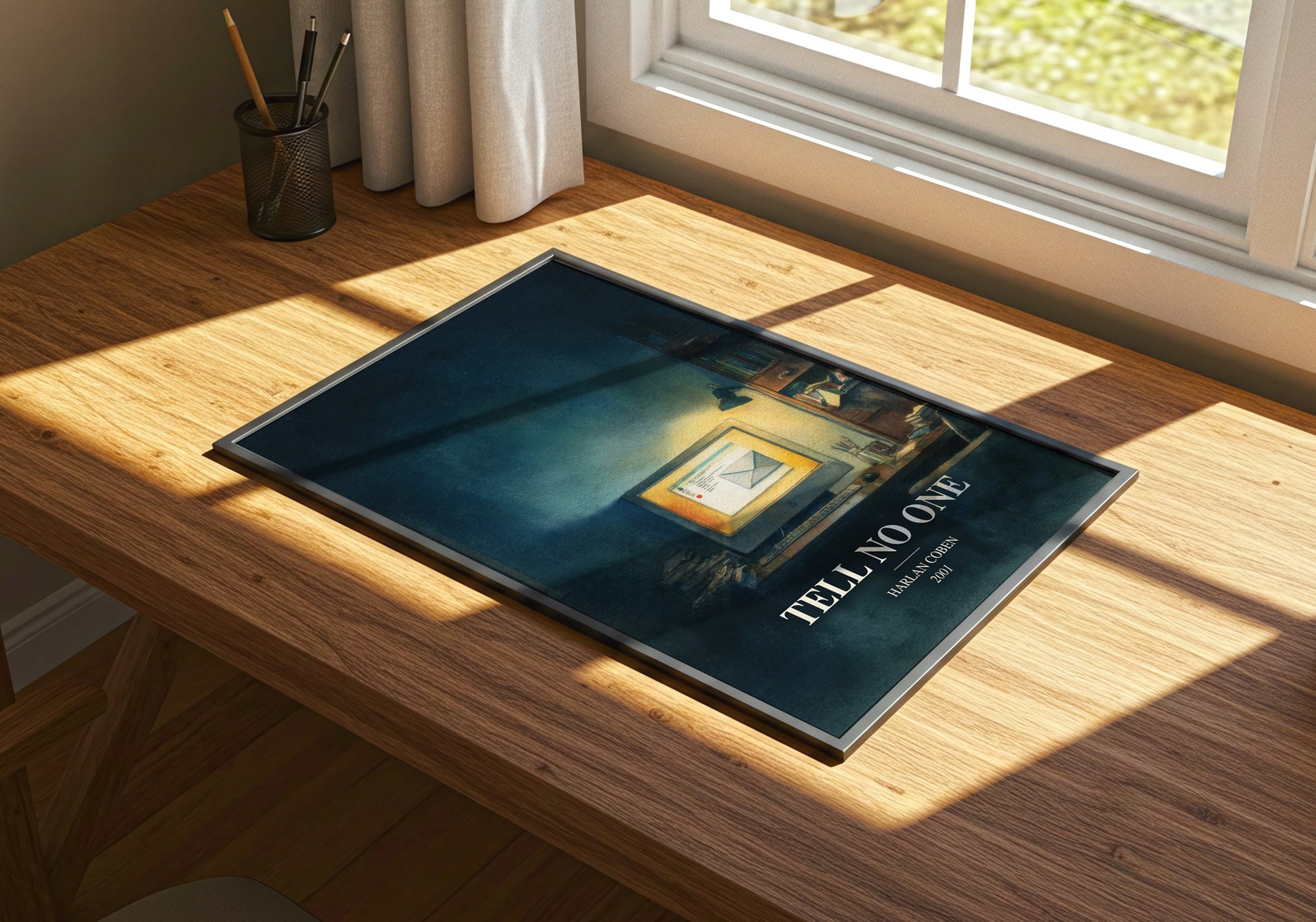 Tell No One watercolour book poster framed on wall – thriller wall art