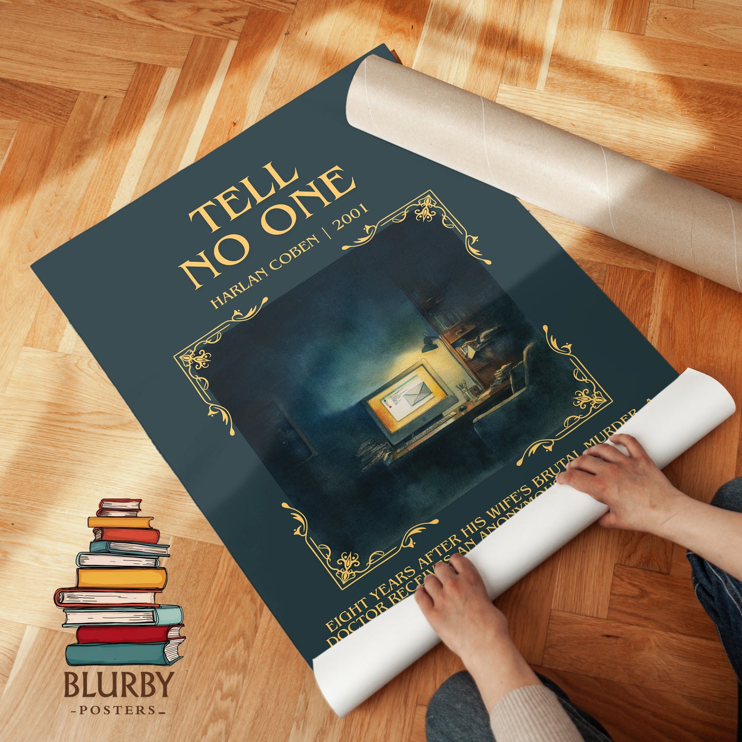 Tell No One minimalist print on bookshelf – Harlan Coben fan gift