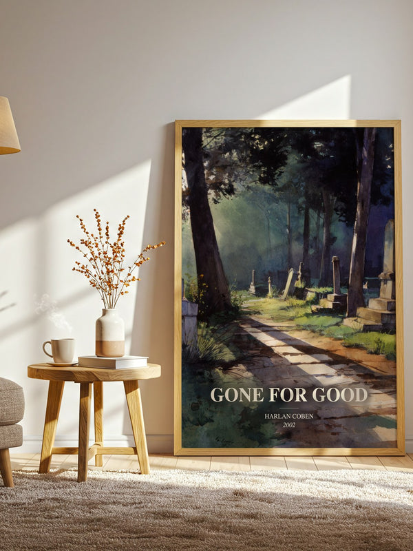 Gone For Good watercolour print in frame leaning in hallway – thriller wall art
