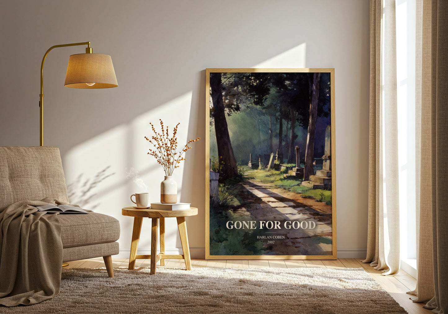 Gone For Good watercolour print in frame leaning in hallway – thriller wall art