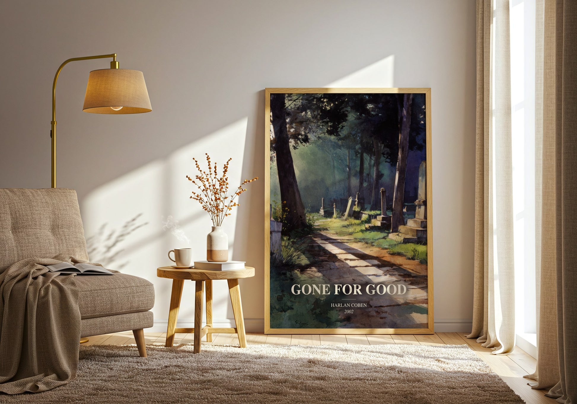 Gone For Good watercolour print in frame leaning in hallway – thriller wall art