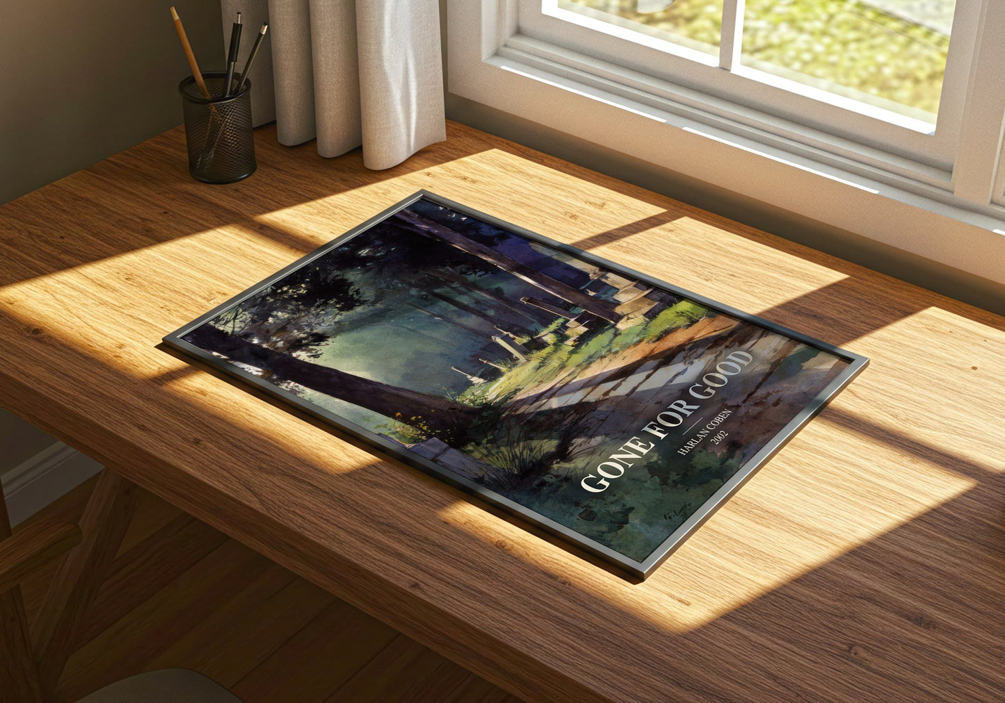 Gone For Good watercolour book poster framed on wall – thriller wall art