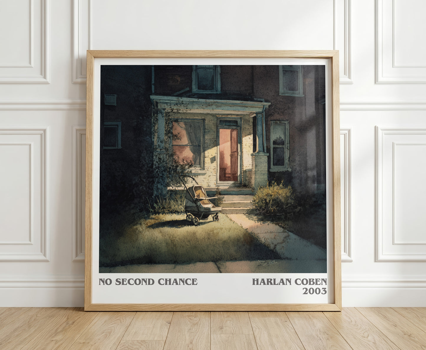No Second Chance literary print in frame leaning in hallway – thriller wall art