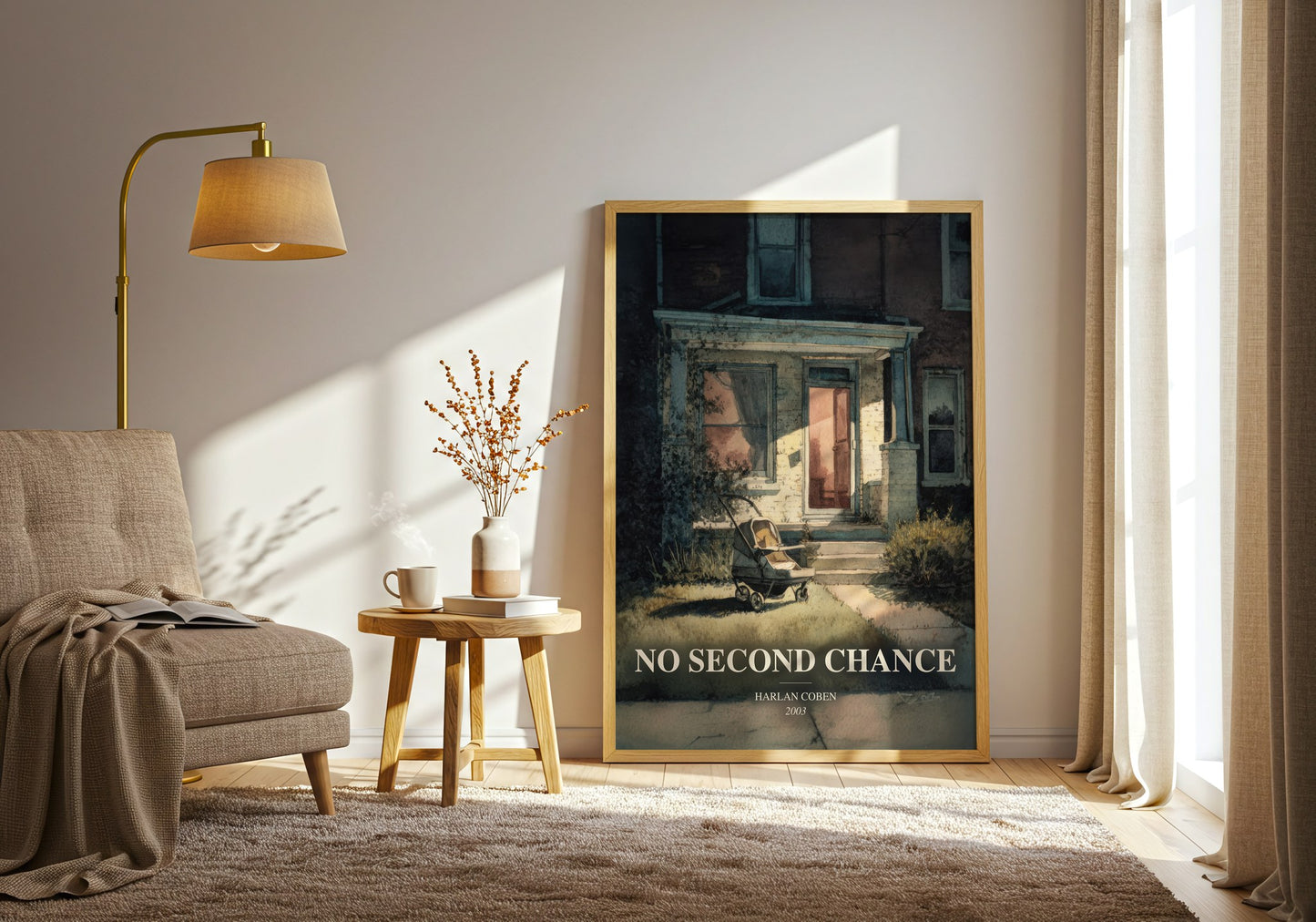 No Second Chance watercolour print in frame leaning in hallway – thriller wall art